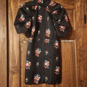 MSGM Puff Sleeve Floral Jacquard Dress Black IT 40 Open Back